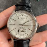 Swiss Copy Rolex Cellini Dual Time 3180 Movement Watch Silver Dial Black Leather Strap